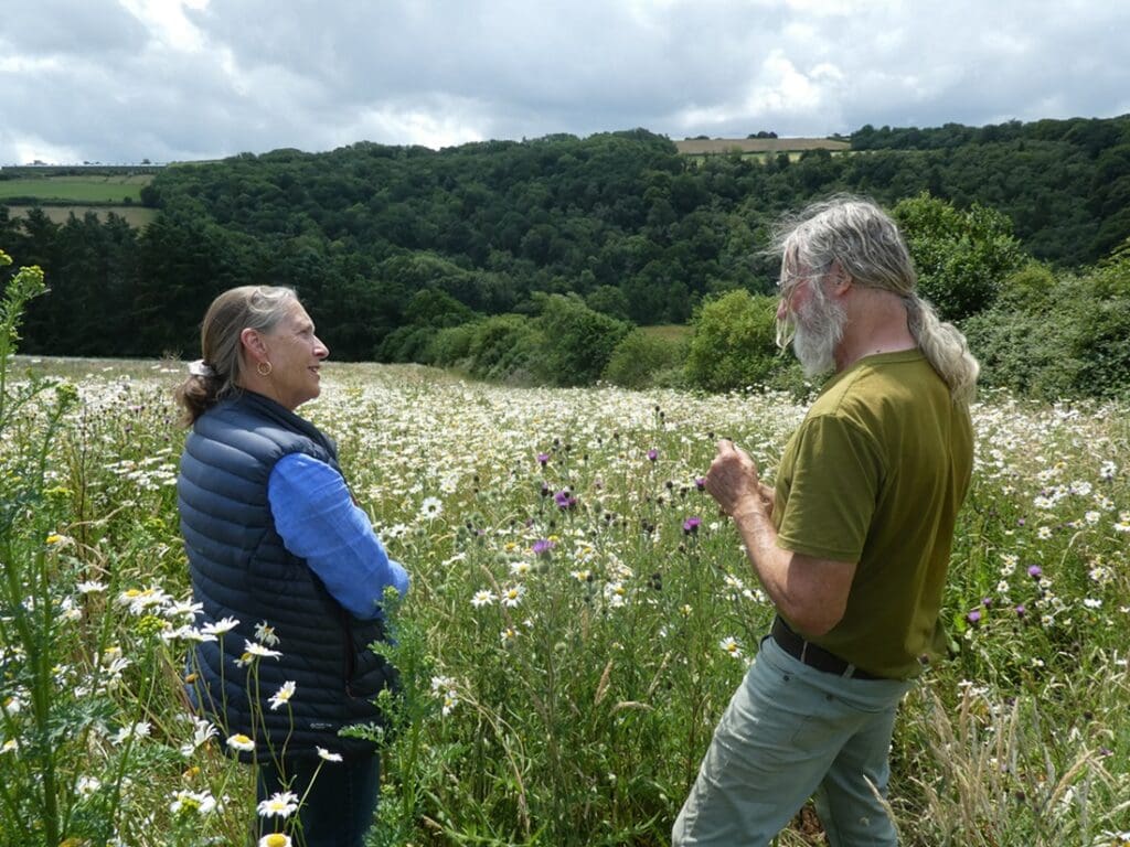 Landowners talking in a field full of wildflowers