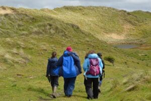 Group of staff walking through landscape searching for rare bumblebee