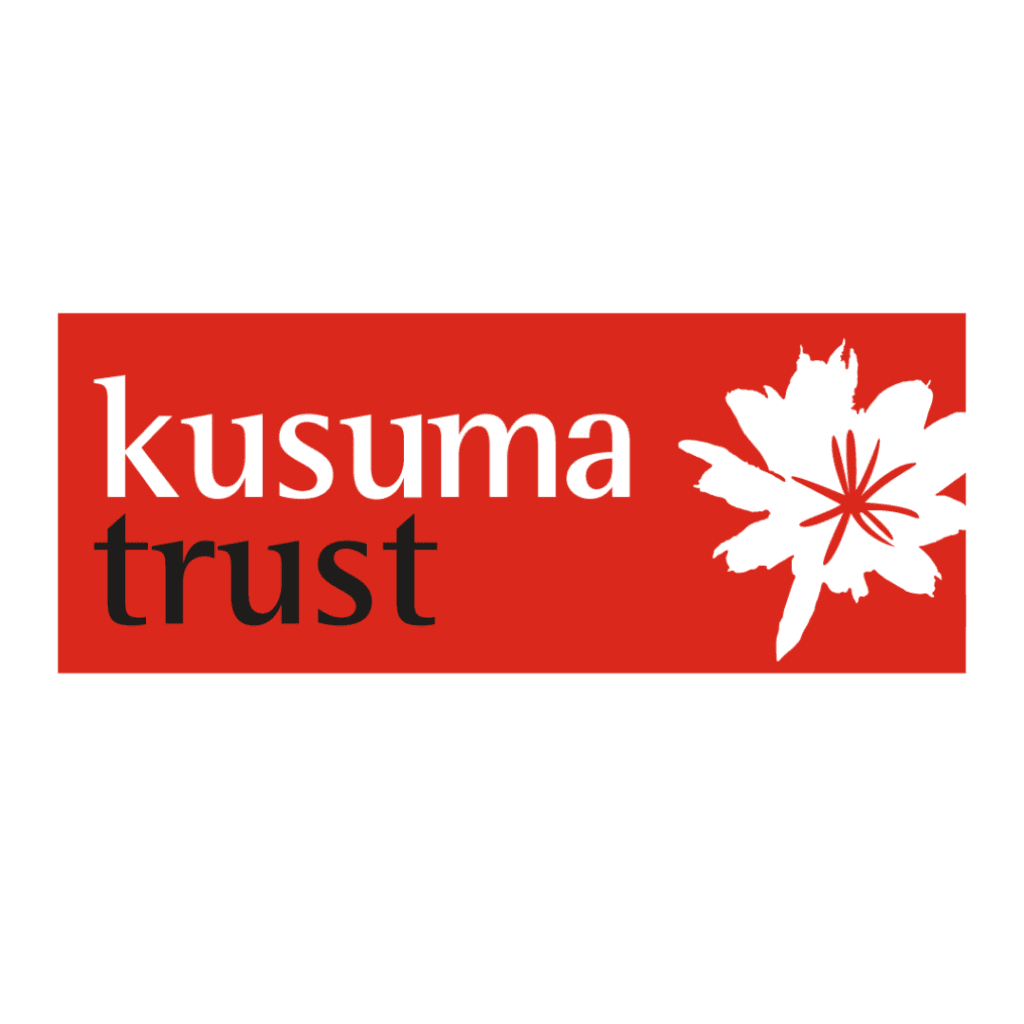 Red rectangular box with white out flower to right of rectangle with text in black and white to left of box