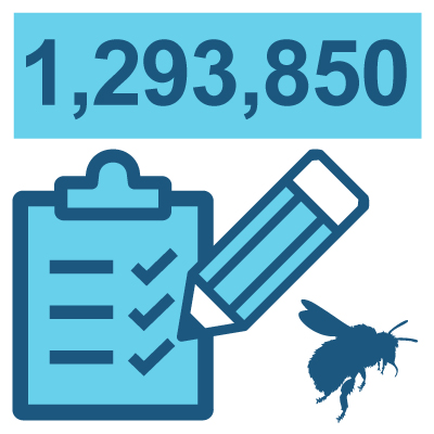 Infographic showing a checklist, pencil and bumblebee representing 1,293,850 bumblebees counted in BeeWalk up to April 2026.