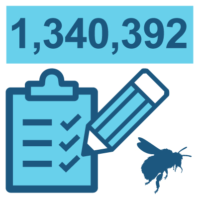 Infographic showing a checklist, pencil and bumblebee, representing 1,340,392 bumblebees counted in BeeWalk (up to June 2026).