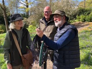 Long standing volunteers Morgan and Peter looking at a bumblebee with another volunteer